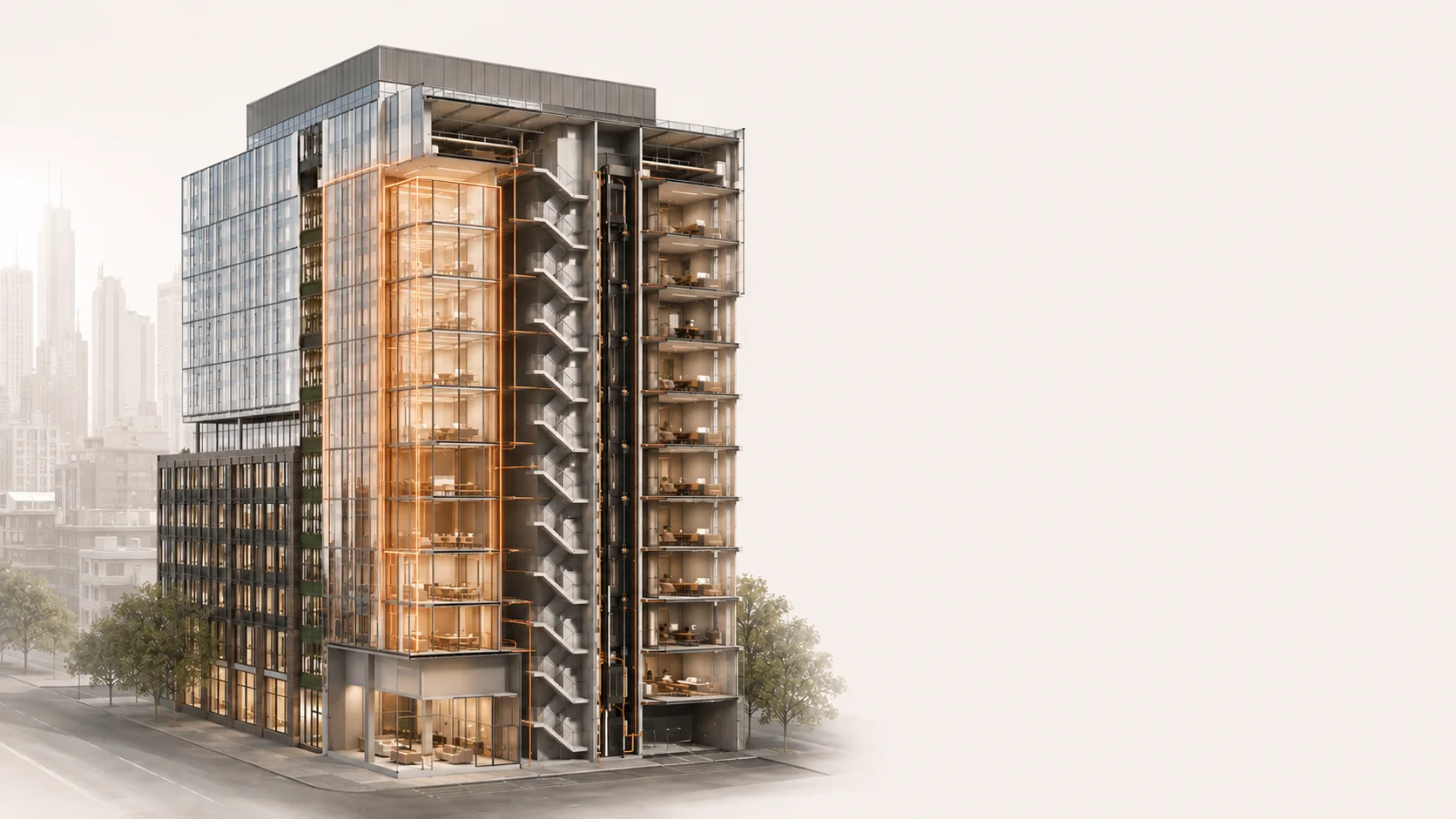 Cutaway building view highlighting a glazed fire separation strategy with copper technical overlays.