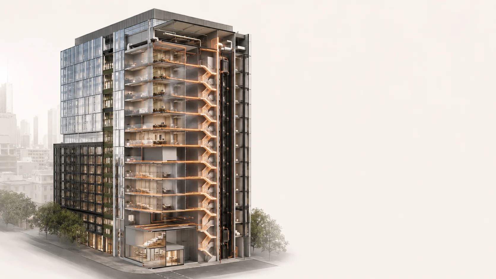 Cutaway building view showing internal travel paths and egress strategy highlighted in copper.