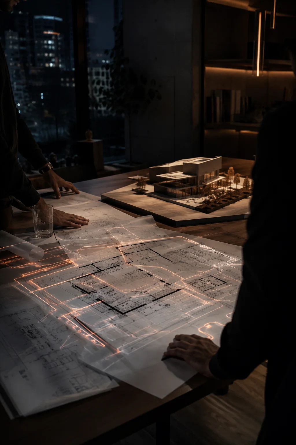 Concept design table with architectural model, plans and copper strategy lines