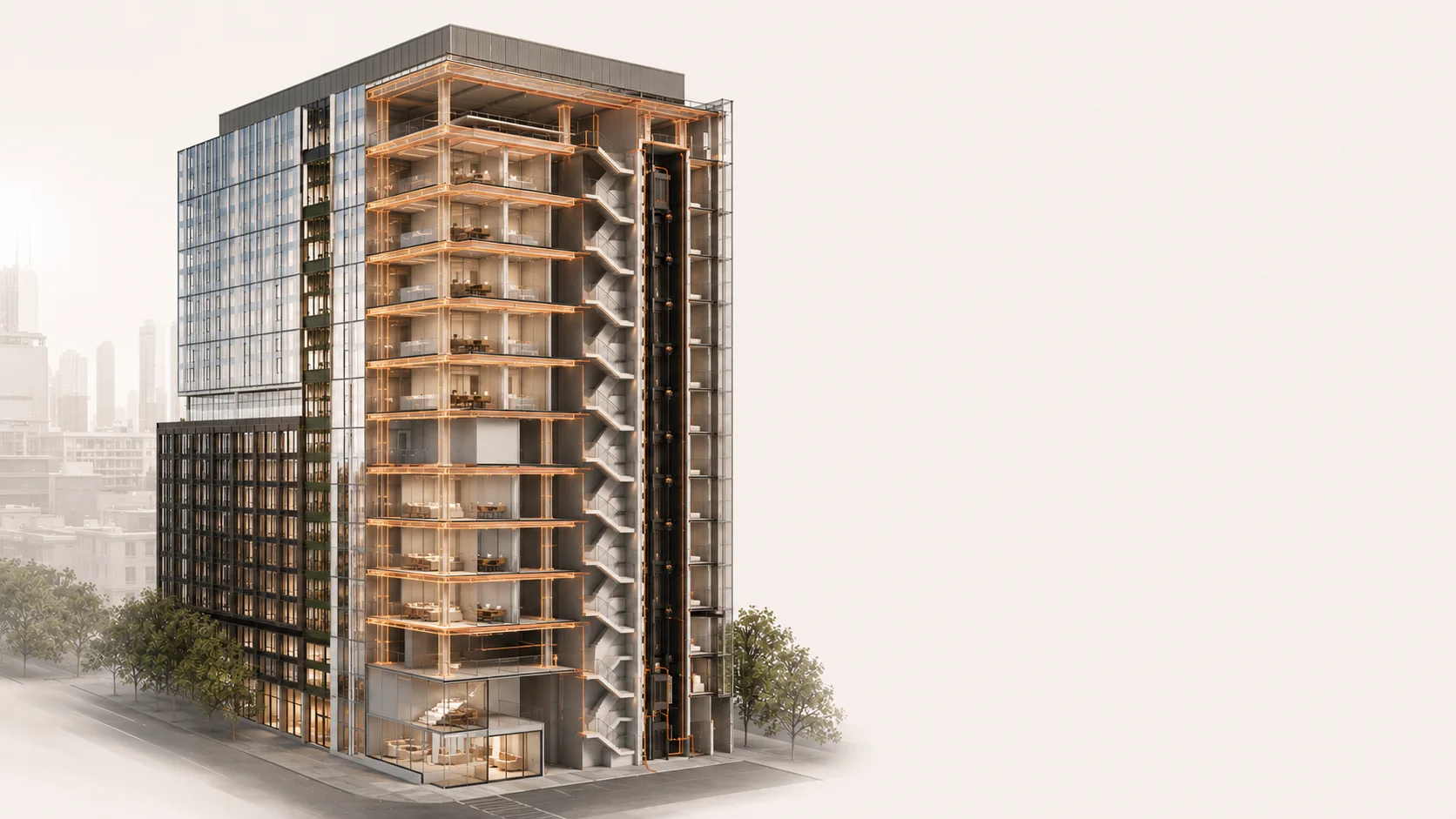Cutaway building view highlighting structural fire resistance strategy and selected building elements.